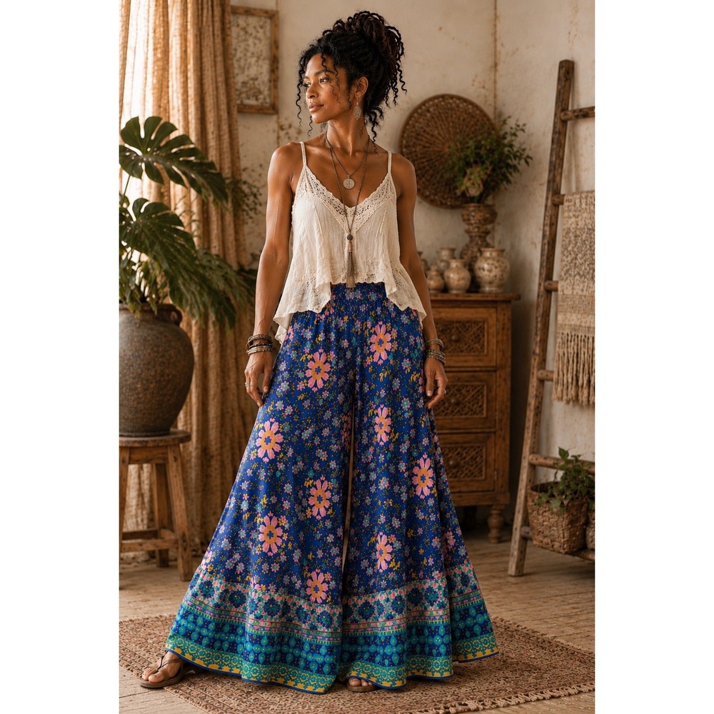Natural Life Blue Floral Tiered Wide Leg Palazzo Pants Boho Rayon Large